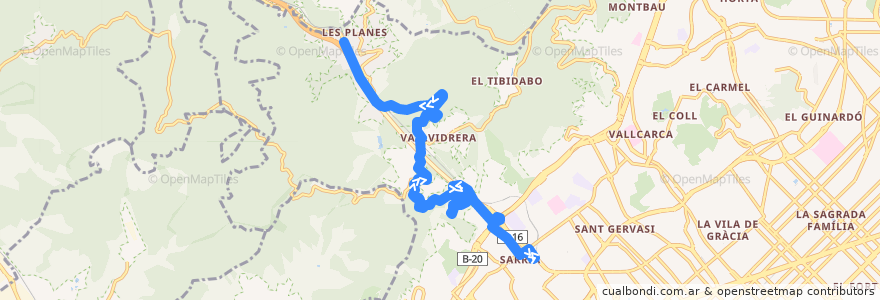 Mapa del recorrido N10 Sarrià => Vallvidrera => Les Planes de la línea  en 바르셀로나.