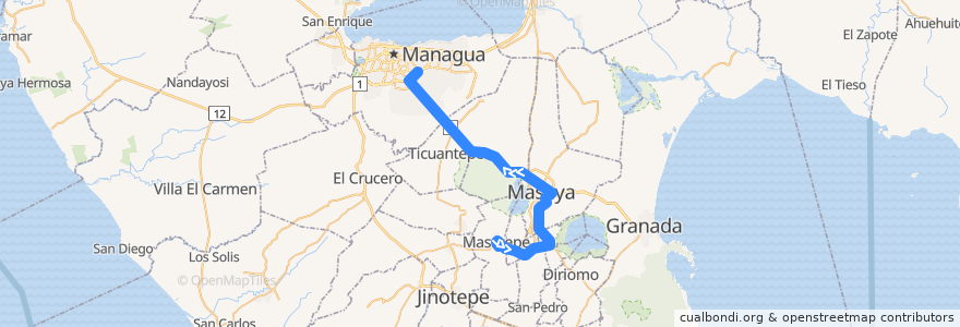 Mapa del recorrido Masatepe - Managua de la línea  en Nicaragua.