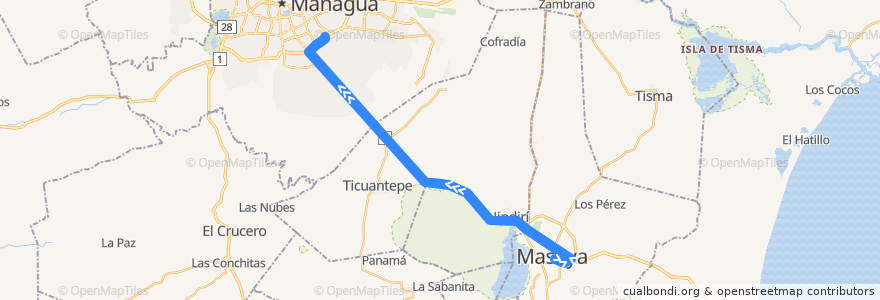 Mapa del recorrido Masaya - Managua de la línea  en Nicaragua.