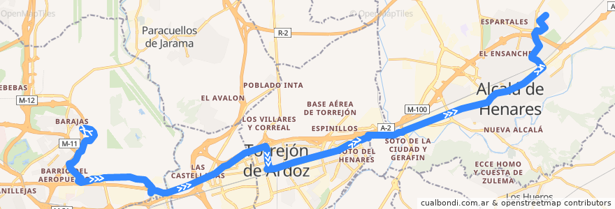 Mapa del recorrido Bus 824: Aeropuerto → Torrejón de Ardoz → Alcalá de Henares de la línea  en Comunidad de Madrid.