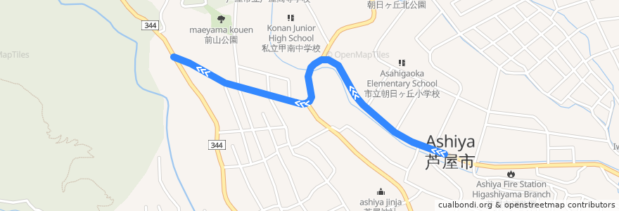 Mapa del recorrido 62：(31・131より引続き)芦屋病院前～阪急芦屋川～JR芦屋～阪神打出～新浜町～芦屋浜(営) de la línea  en Ashiya.