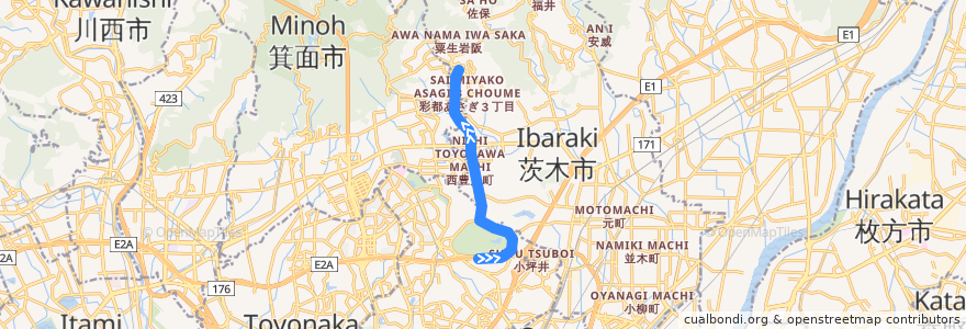 Mapa del recorrido 大阪モノレール彩都線 de la línea  en Präfektur Osaka.
