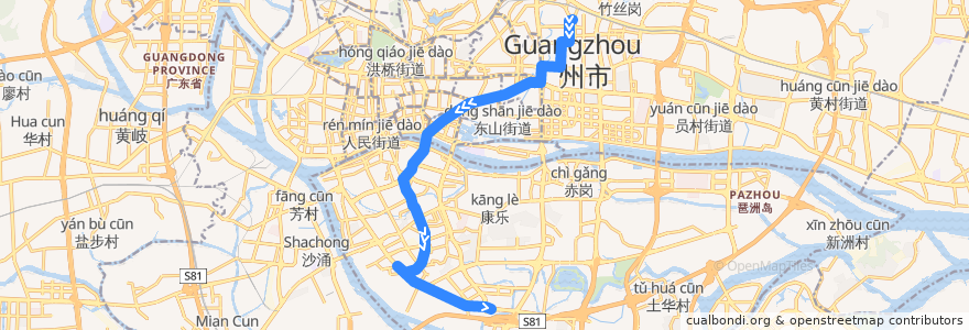 Mapa del recorrido 551路(广州火车东站总站-海珠客运站总站) de la línea  en Guangzhou.