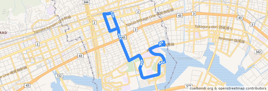 Mapa del recorrido 59：大東町～新浜町～芦屋浜(営)～呉川町～JR芦屋南口 de la línea  en Hyogo Prefecture.