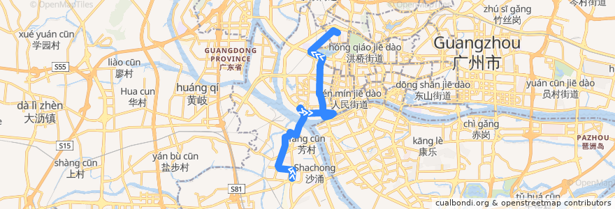 Mapa del recorrido 552路(芳村客运站总站-站南路总站) de la línea  en Guangzhou.