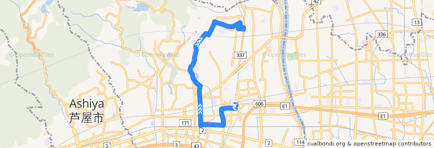 Mapa del recorrido 11：西宮北口→JR西宮→中村→上ヶ原六番町→甲東園 de la línea  en Nishinomiya.