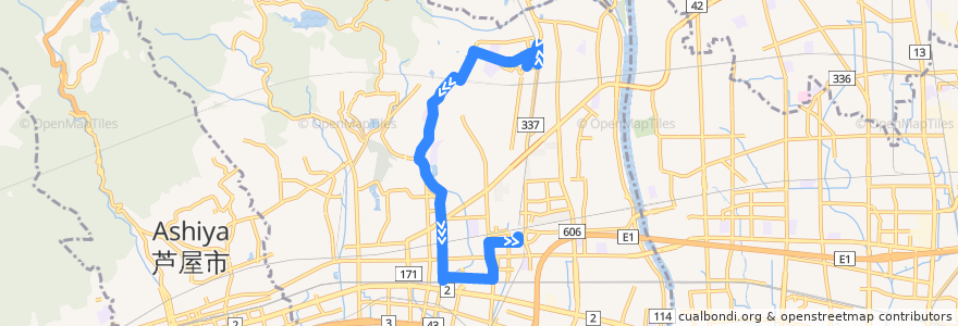 Mapa del recorrido 21：甲東園→上ヶ原六番町→中村→JR西宮→西宮北口 de la línea  en Nishinomiya.