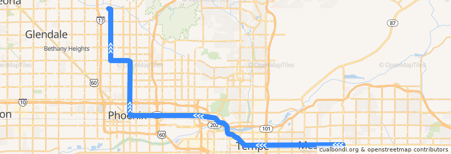 Mapa del recorrido Light Rail Westbound de la línea  en Maricopa County.