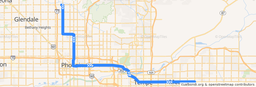 Mapa del recorrido Light Rail Eastbound de la línea  en Maricopa County.