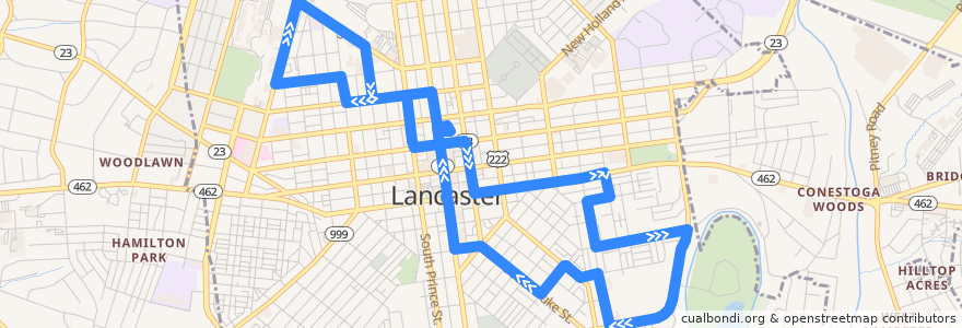 Mapa del recorrido RRTA Route 1 Park City A/Southeast (first weekday am trip) de la línea  en Lancaster.