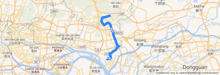 Mapa del recorrido 569路[沿河路(奕佳公寓)总站-萝岗香雪(梅花世界)总站] de la línea  en 황푸구.