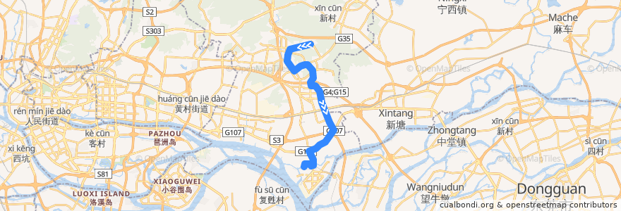 Mapa del recorrido 569路[萝岗香雪(梅花世界)总站-沿河路(奕佳公寓)总站] de la línea  en 黄埔区.