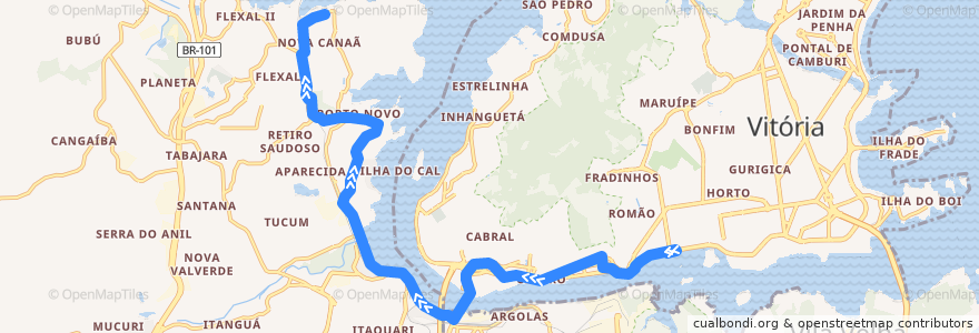 Mapa del recorrido 737 Hospital São Lucas - Nova Canaã - via Porto Velho de la línea  en Região Metropolitana da Grande Vitória.