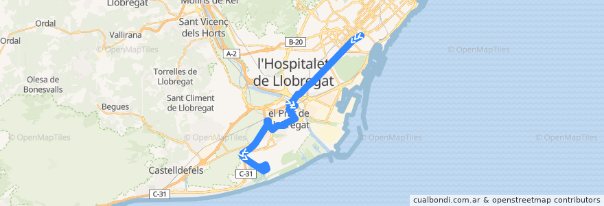 Mapa del recorrido N17 Barcelona (Pl. Catalunya) => El Prat dde Llobregat (Aeroport T1) de la línea  en Barcelona.