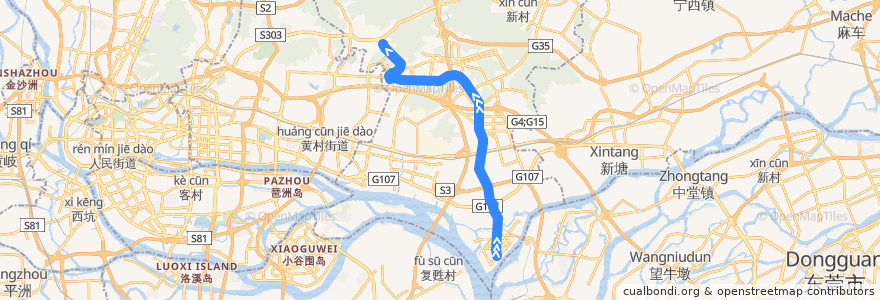 Mapa del recorrido 573快线[西区公交总站-开创大道(万科城)总站] de la línea  en Huangpu.