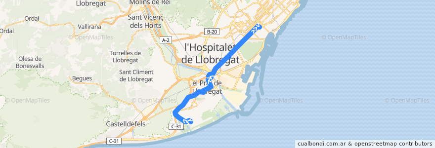 Mapa del recorrido N17 El Prat de Llobregat (Aeroport T1) => Barcelona (Pl. Catalunya) de la línea  en برشلونة.