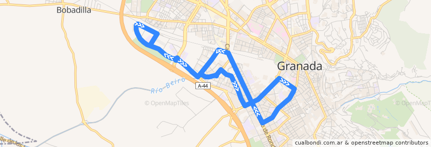 Mapa del recorrido Bus 25: Parque de las Alquerías (Club Deportivo → Rosaleda → Traumatología) de la línea  en Granada.