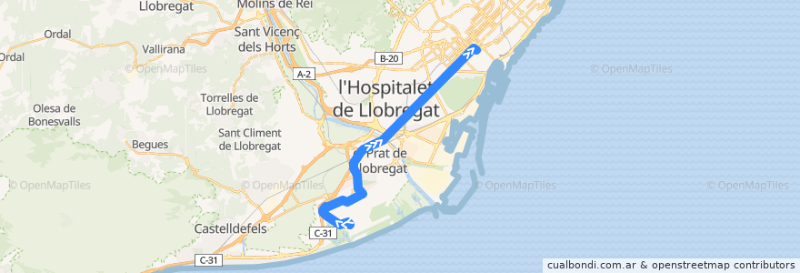 Mapa del recorrido N18 Aeroport del Prat (Terminal T1) => Barcelona (Pl. Catalunya de la línea  en Barcelona.