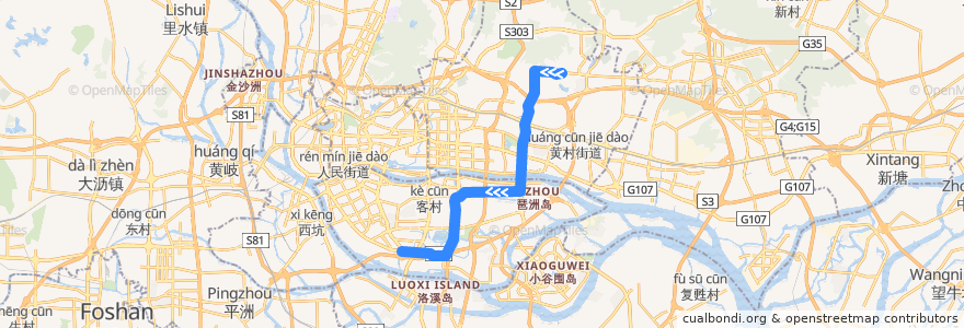 Mapa del recorrido 582路(凌塘村总站-海珠客运站总站) de la línea  en 광저우시.