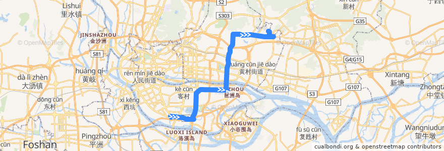 Mapa del recorrido 582班车(海珠客运站总站-起云路总站) de la línea  en Guangzhou.