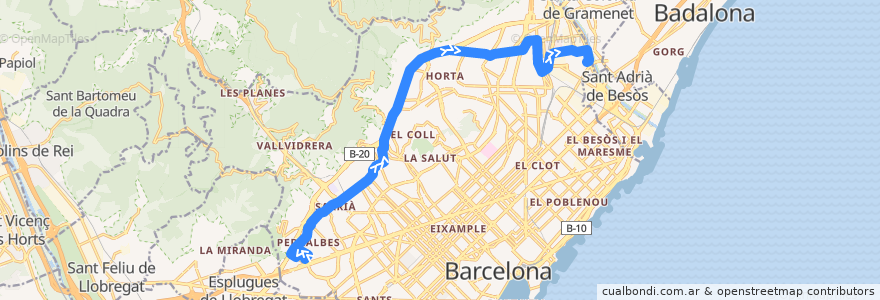 Mapa del recorrido H4 Zona Universitària => Bon Pastor de la línea  en Barcelona.