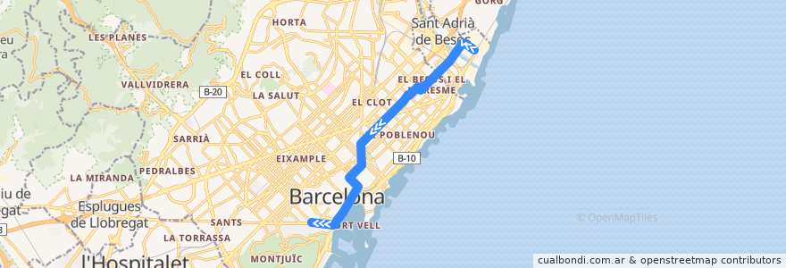 Mapa del recorrido H14: Sant Adrià => Paral·lel de la línea  en Barcelona.