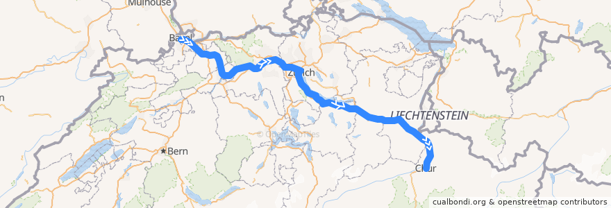 Mapa del recorrido IC 3: Basel - Chur de la línea  en Suíça.