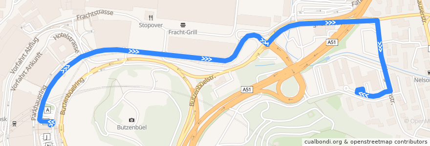 Mapa del recorrido Bus 737: Zürich Flughafen, Bahnhof -> Kloten, Obstgartenstrasse de la línea  en Kloten.