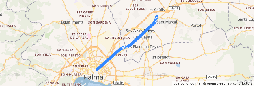 Mapa del recorrido Metro M2: Marratxí → Plaça d'Espanya de la línea  en Illes Balears.