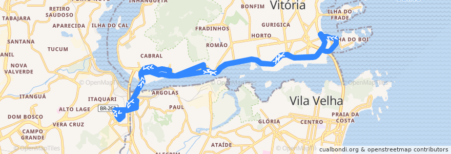 Mapa del recorrido 522 Terminal Jardim América / Shopping Vitória via Terminal São Torquatro de la línea  en Região Metropolitana da Grande Vitória.