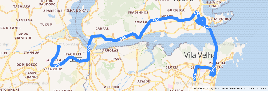 Mapa del recorrido 500S Terminal de Vila Velha / Terminal de Itacibá via Terceira Ponte/Shopping Vitória de la línea  en Região Metropolitana da Grande Vitória.