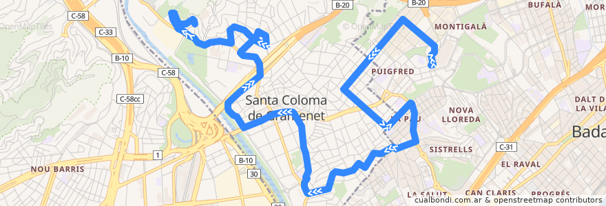 Mapa del recorrido B15 BADALONA (MONTIGALÀ) - STA. COLOMA DE G. (LES OLIVERES) de la línea  en Barcelonès.