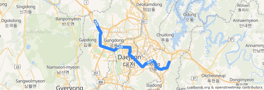 Mapa del recorrido 대전 도시철도 1호선 de la línea  en 대전광역시.