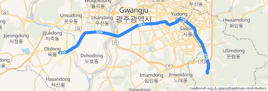 Mapa del recorrido 광주광역시 지하철 1호선 de la línea  en Gwangju.