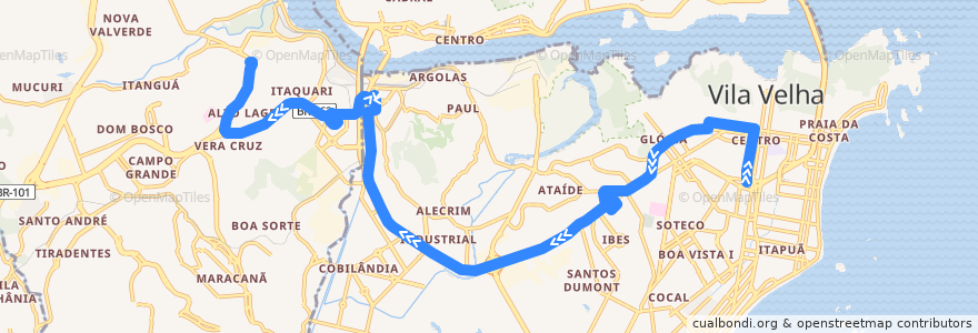 Mapa del recorrido 525 Terminal Vila Velha / Terminal Itacibá via Lindemberg/Terminal Ibes/Terminal Jardim América de la línea  en Região Metropolitana da Grande Vitória.