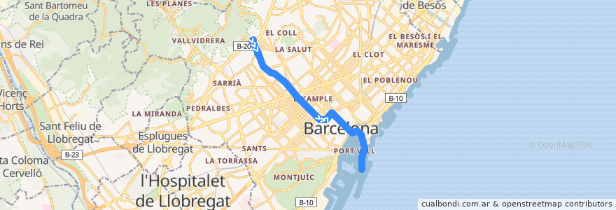 Mapa del recorrido V15 Av. Tibidabo => Barceloneta de la línea  en 巴塞罗那.