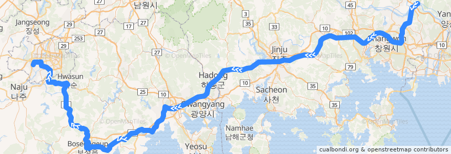 Mapa del recorrido 경전선 광주송정역 방면 de la línea  en Südkorea.