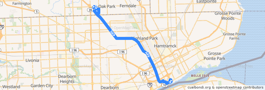 Mapa del recorrido 849 SB: Southfield => Downtown de la línea  en Detroit.