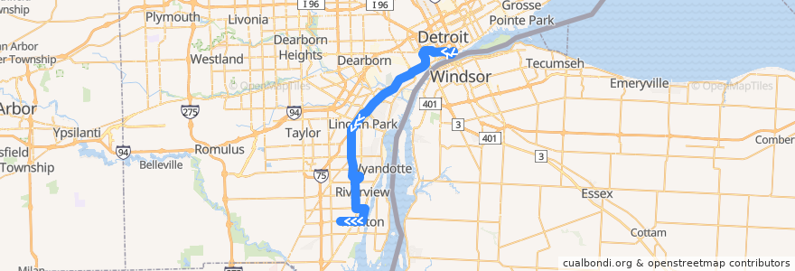 Mapa del recorrido 830 SB: Downtown => Trenton de la línea  en مقاطعة وين.