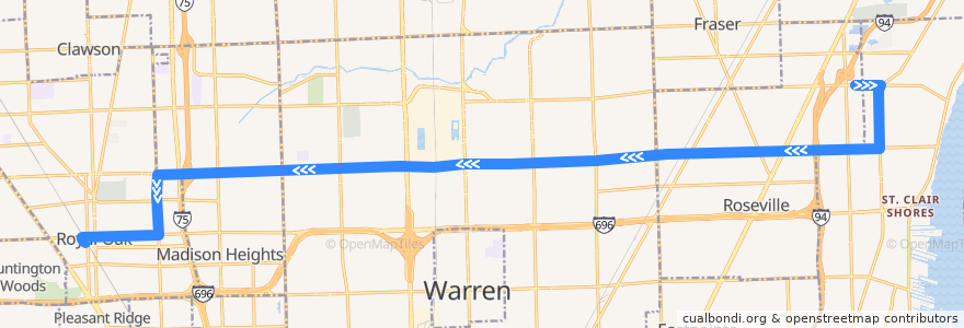 Mapa del recorrido 740 WB: Roseville => Royal Oak de la línea  en Michigan.