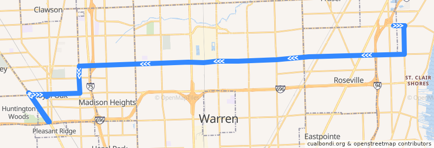 Mapa del recorrido 740 WB: Roseville => Royal Oak via Detroit Zoo de la línea  en میشیگان.