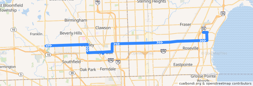 Mapa del recorrido 740 EB: Telegraph => Roseville de la línea  en ミシガン州.