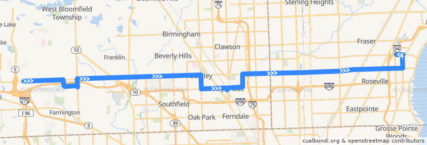 Mapa del recorrido 740 EB: Haggerty => Roseville de la línea  en Michigan.