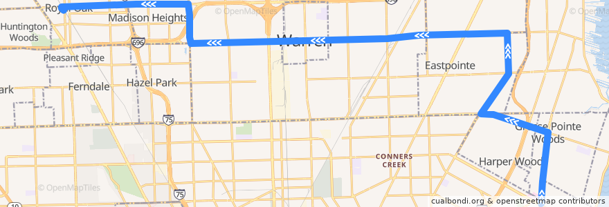 Mapa del recorrido 730 WB: Mack/Moross => Royal Oak de la línea  en 미시간.