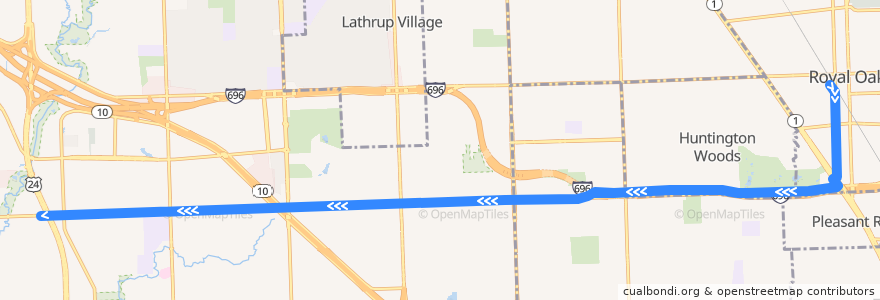 Mapa del recorrido 730 WB: Royal Oak => Telegraph de la línea  en Oakland County.