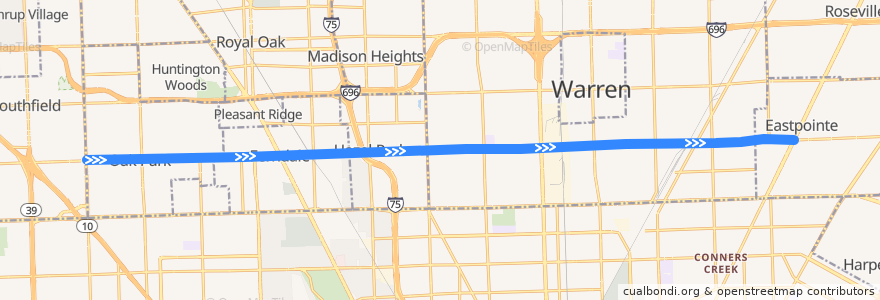 Mapa del recorrido 710 EB: Greenfield => Gratiot de la línea  en Michigan.