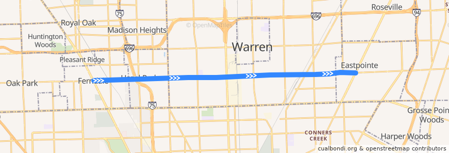 Mapa del recorrido 710 EB: Woodward => Gratiot de la línea  en Michigan.