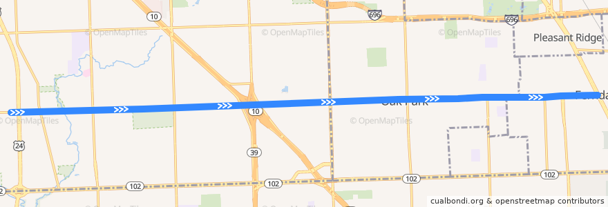 Mapa del recorrido 710 EB: Telegraph => Woodward de la línea  en Oakland County.