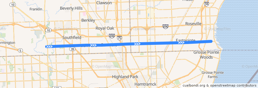 Mapa del recorrido 710 EB: Telegraph => Mack de la línea  en ミシガン州.