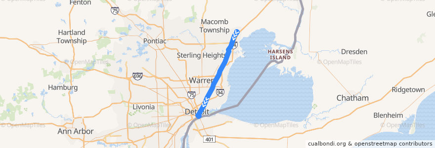 Mapa del recorrido 560 SB: 23 Mile => Downtown de la línea  en ミシガン州.